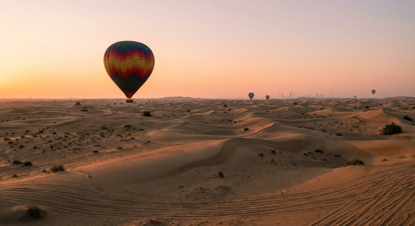 Hot air balloon floating above Dubai desert at sunrise