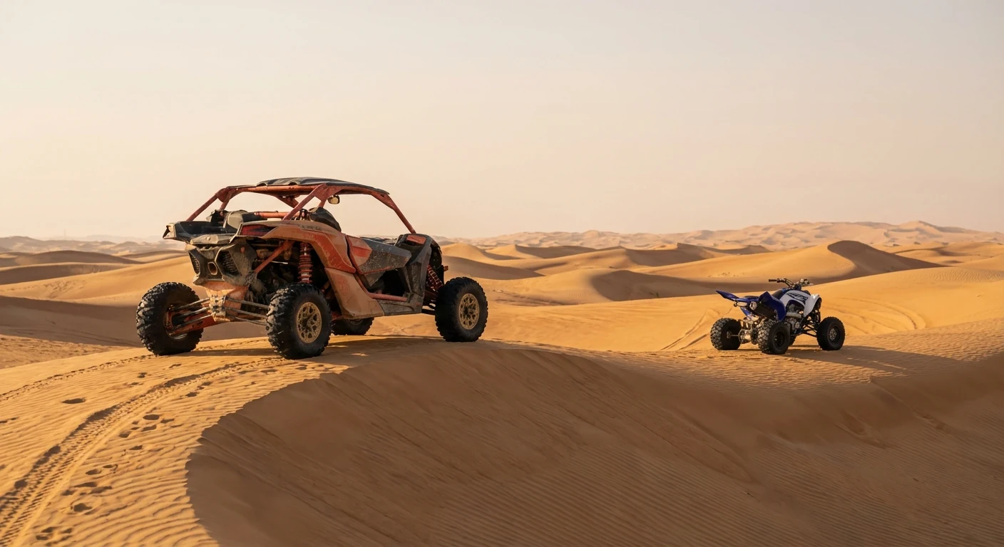 Dune buggy and quad bike comparison scene in Dubai desert