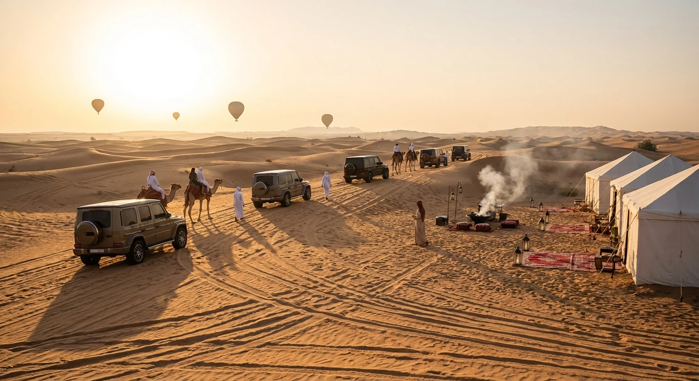 Curated Dubai desert activities scene at sunrise