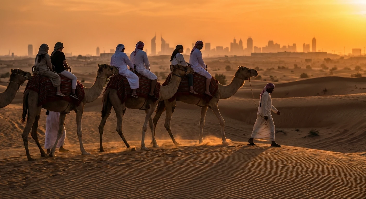Camel ride scene in Dubai desert