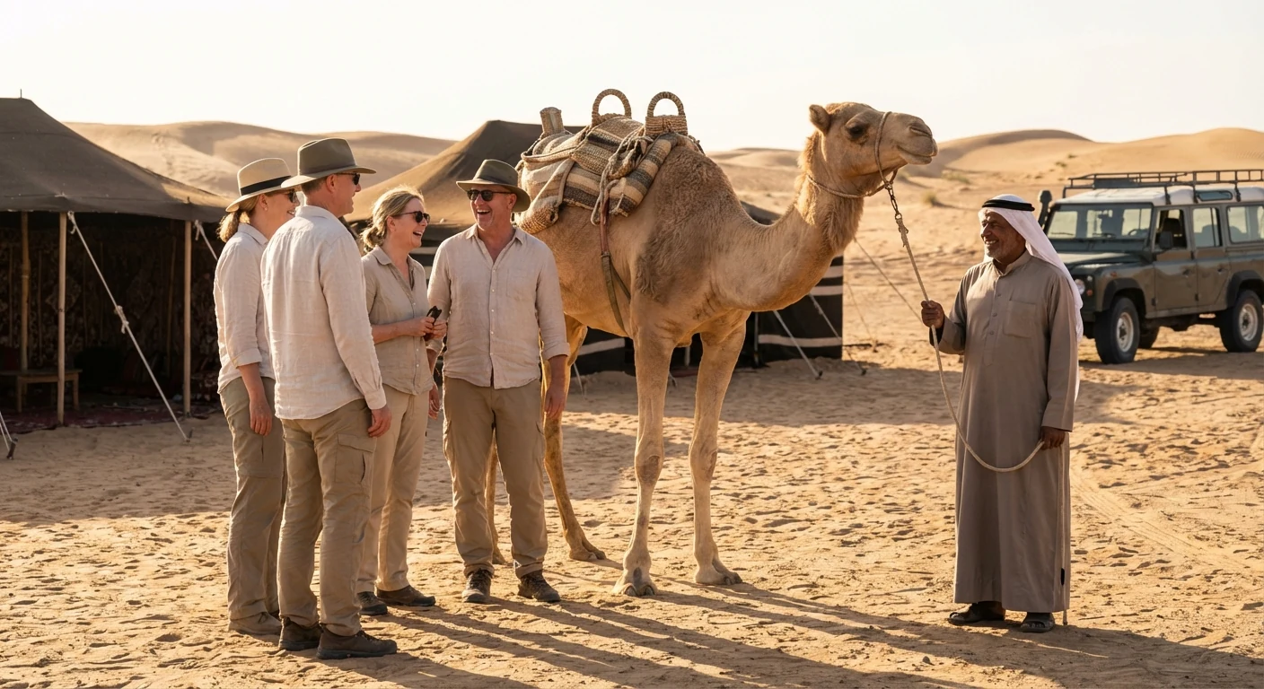 Short camel ride stop with guide and guests in Dubai desert