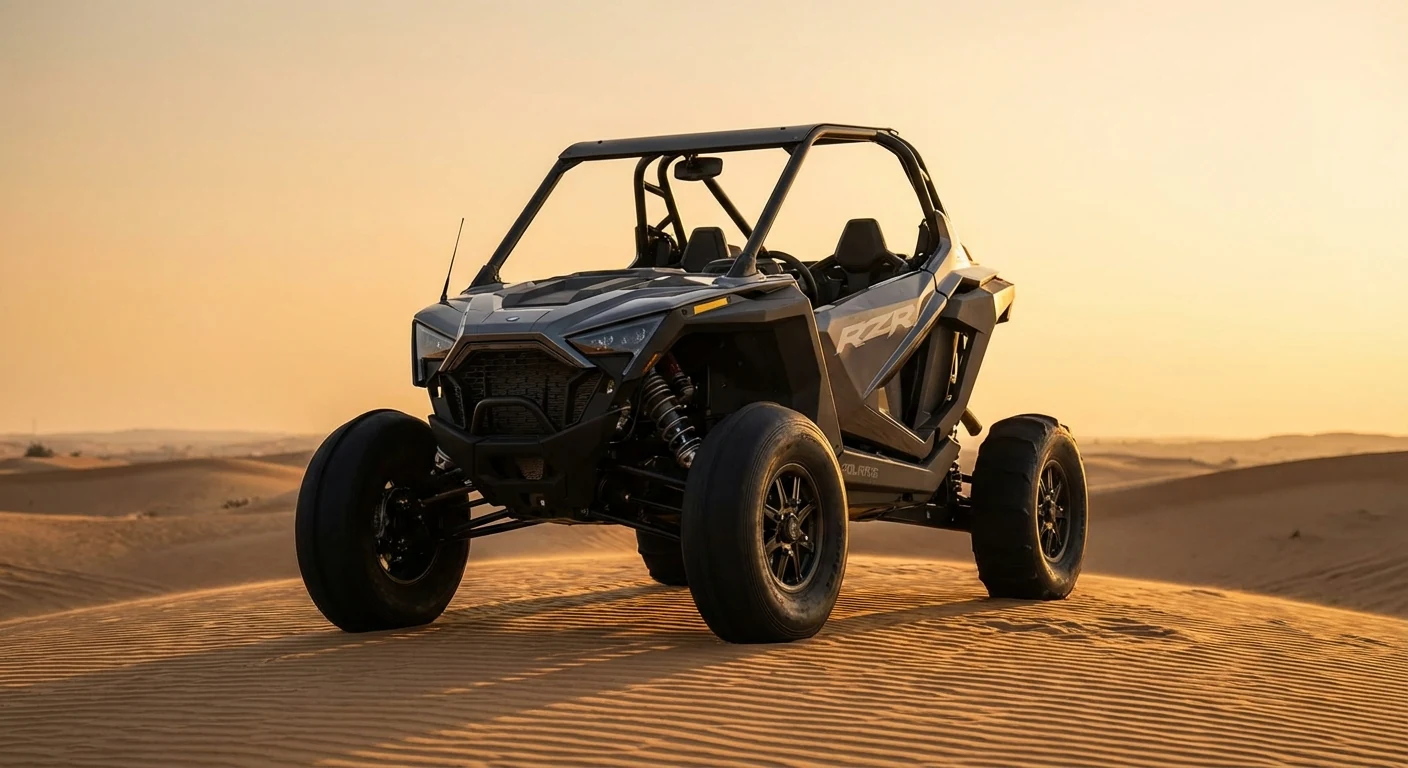 Graphite gray Polaris RZR style 2 seater dune buggy on Dubai sand dunes