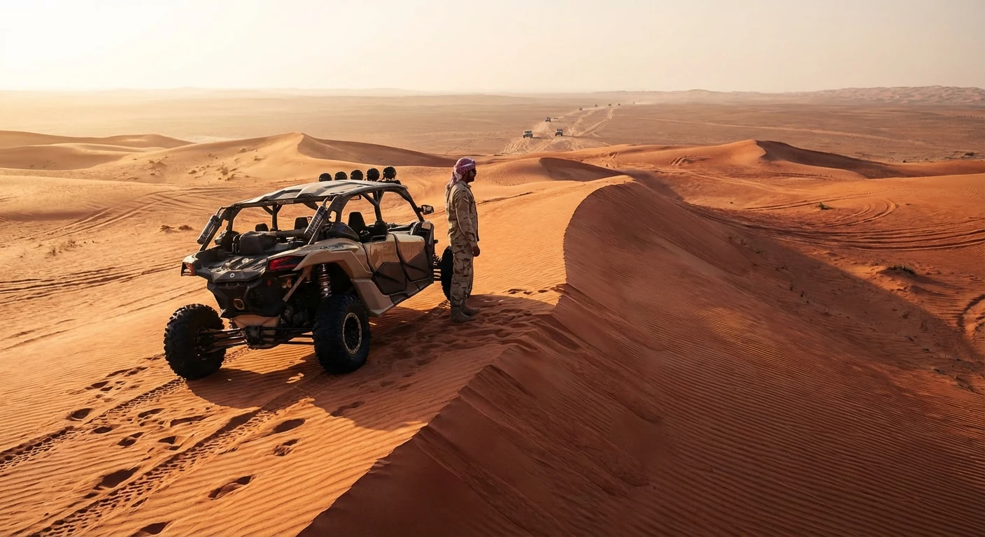 Luxury dune buggy and desert sunrise scene in Dubai