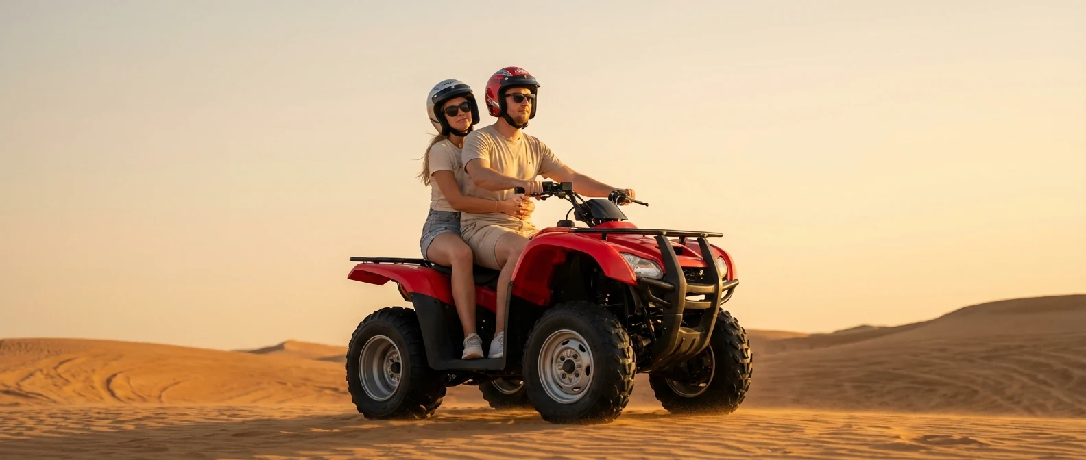 Couple riding a red double seater quad bike in Dubai desert