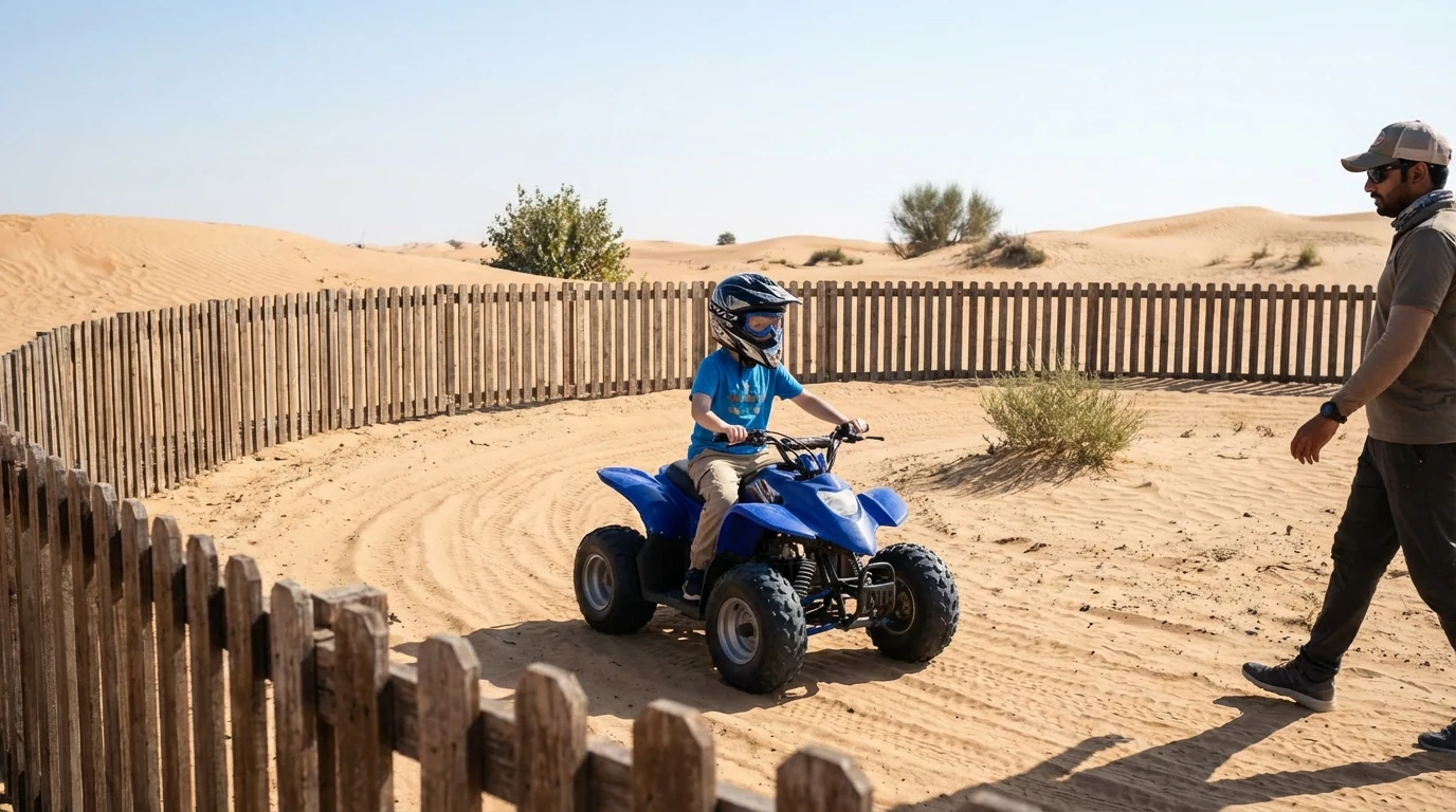 Kids single seater quad bike in a Dubai fenced riding area