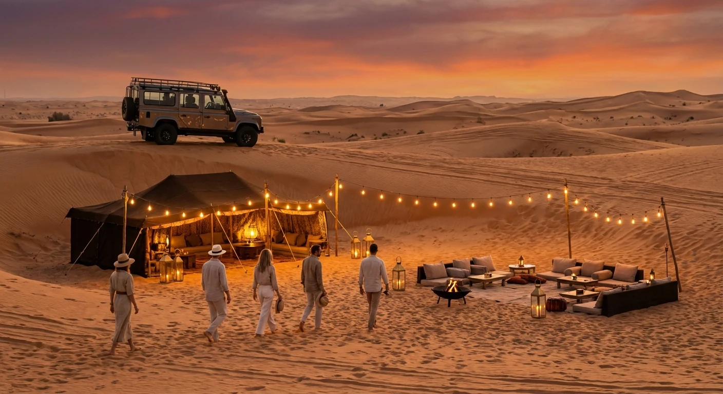Evening desert safari scene with 4x4 and camp glow